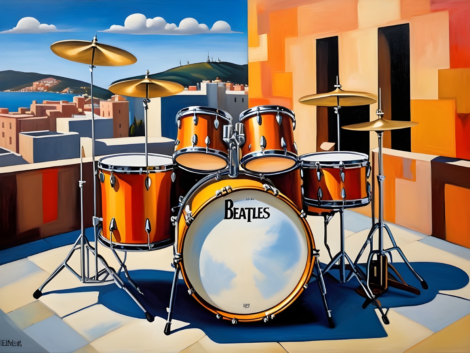 Vibrant Drum Set with Iconic Logo in Scenic Setting