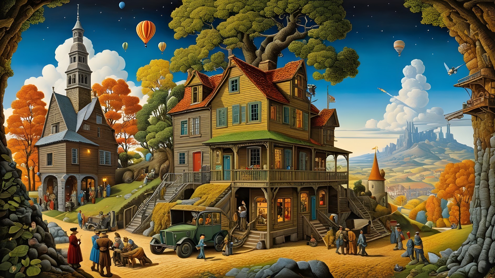 Whimsical Landscape with Colorful Houses and Balloons