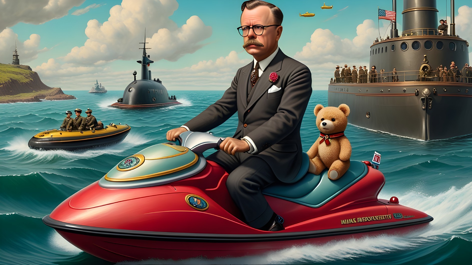 Dapper Man in Suit Rides Jet Ski with Teddy Bear