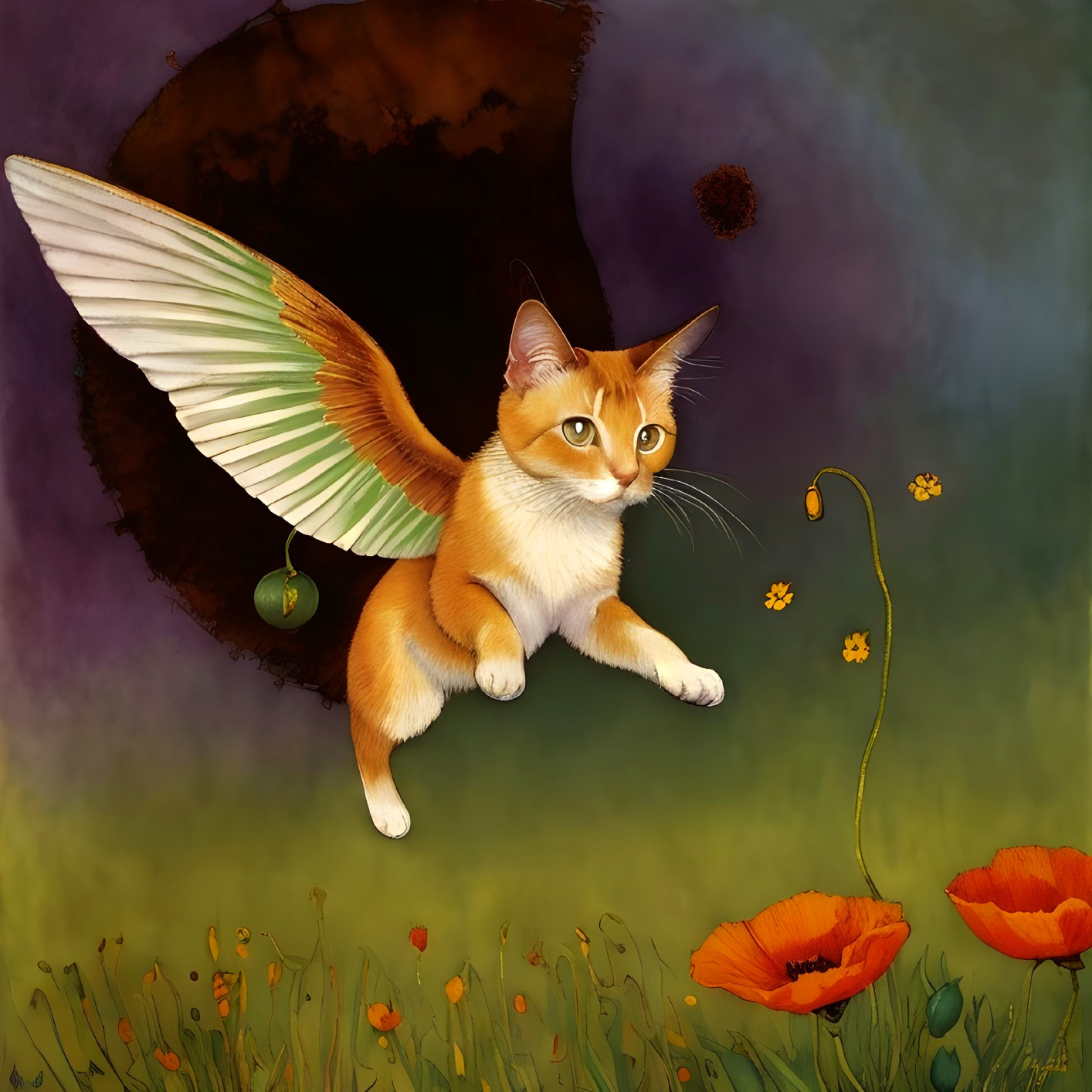 Ginger Cat with Butterfly Wings over Poppy Field
