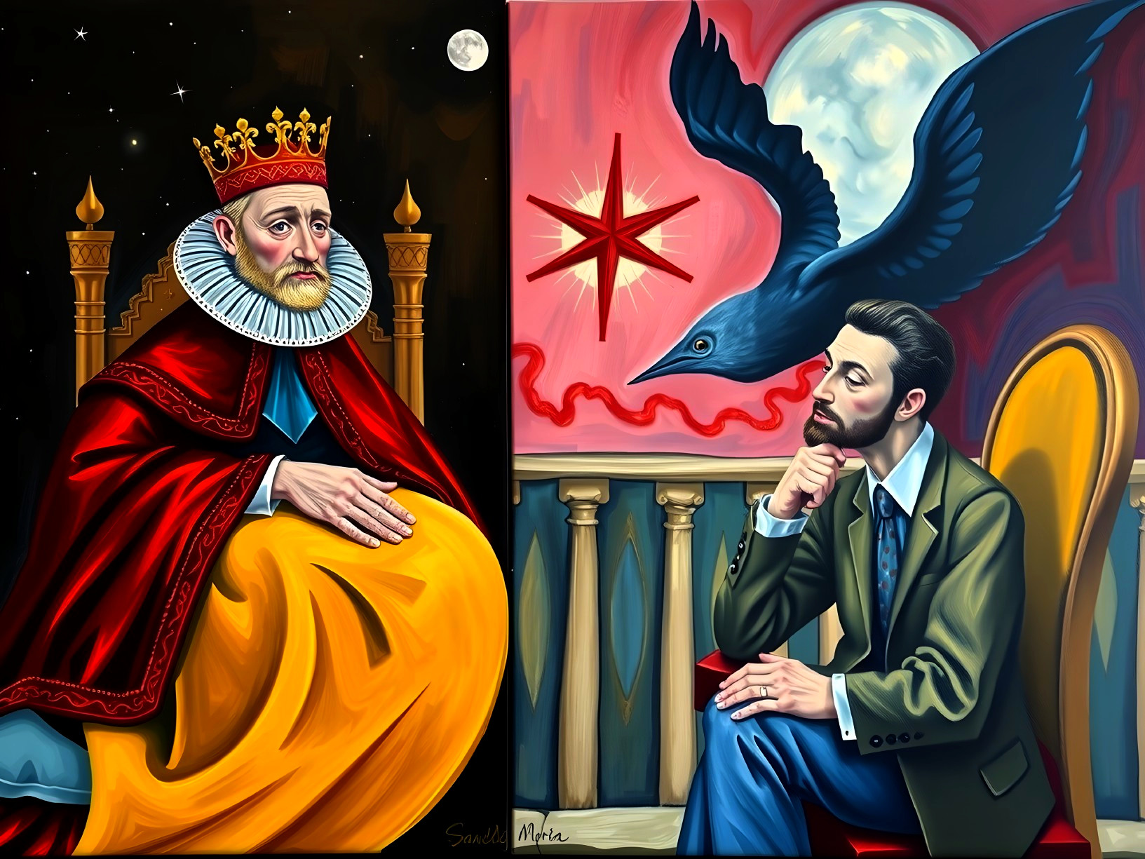 Regal King and Young Man in Surreal Setting