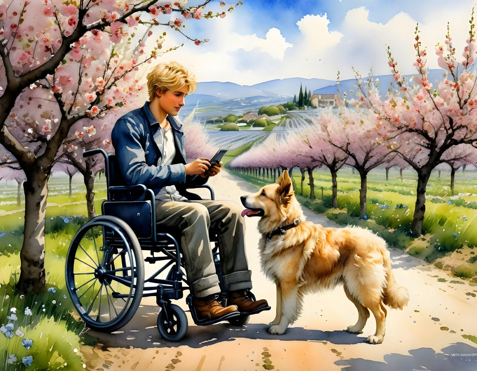 Young man in wheelchair on cherry tree pathway with dog