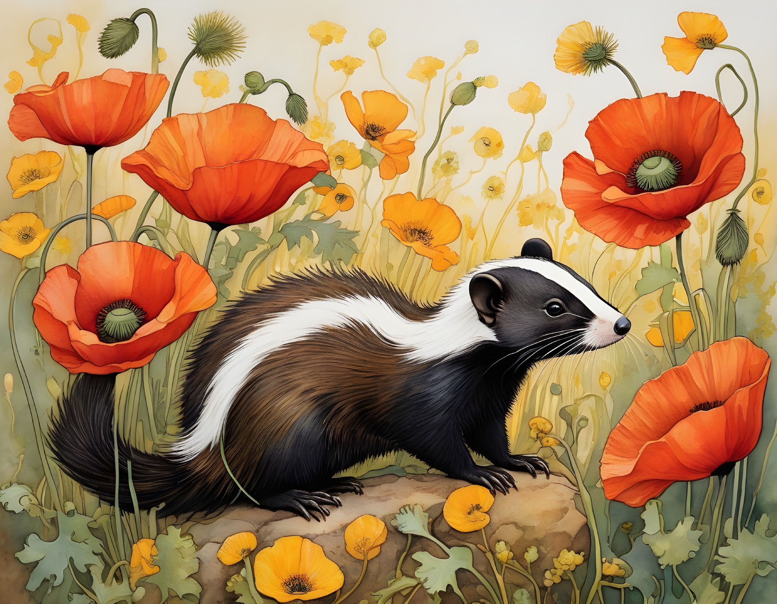 Colorful badger in blooming flower field on beige background