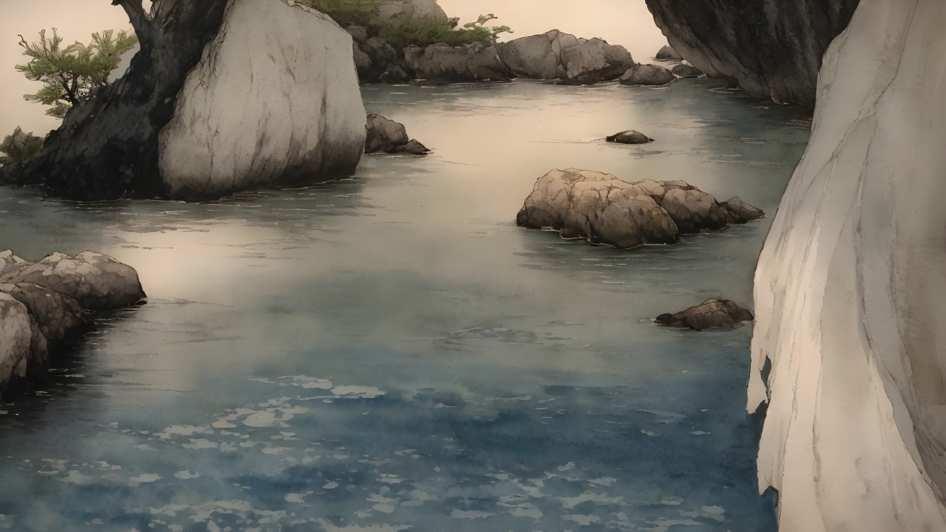 Serene Coastal Scene with Calm Waters and Cliffs