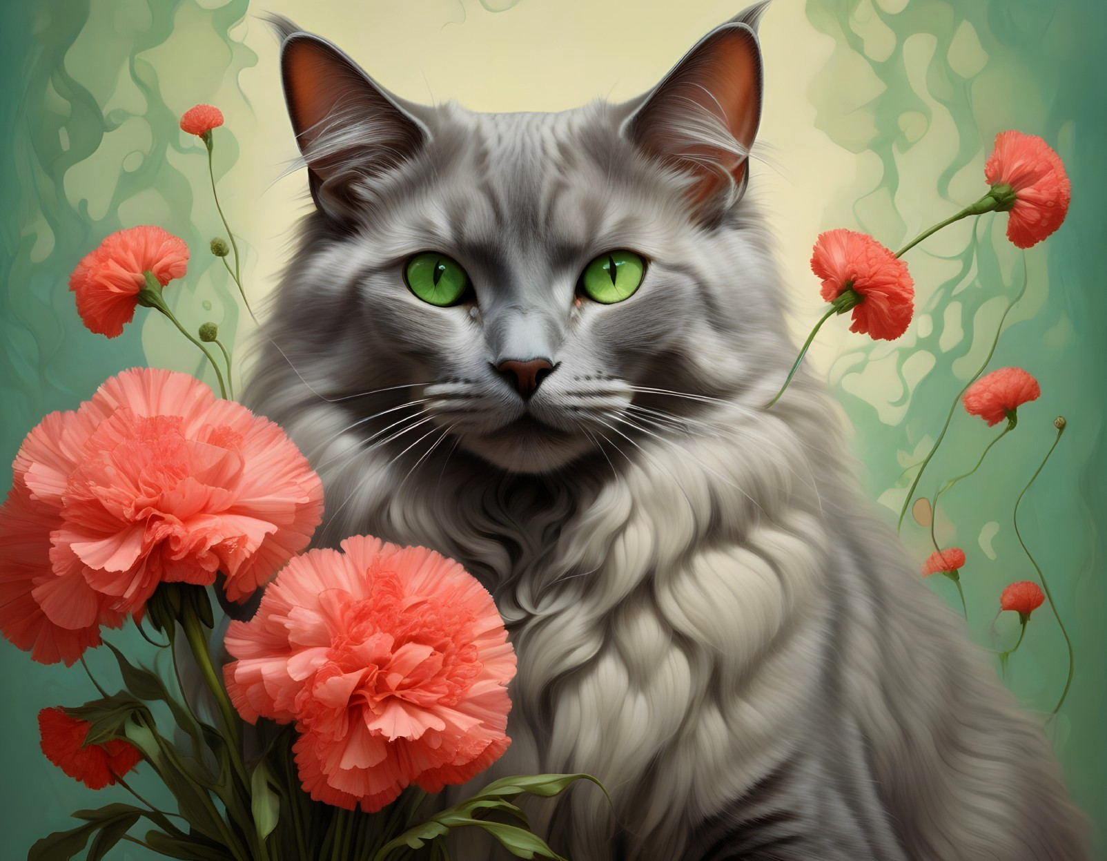 Silver Cat Surrounded by Coral Flowers and Patterns