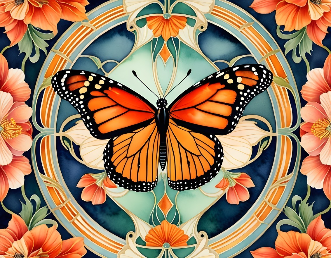 Vibrant Monarch Butterfly Surrounded by Floral Design