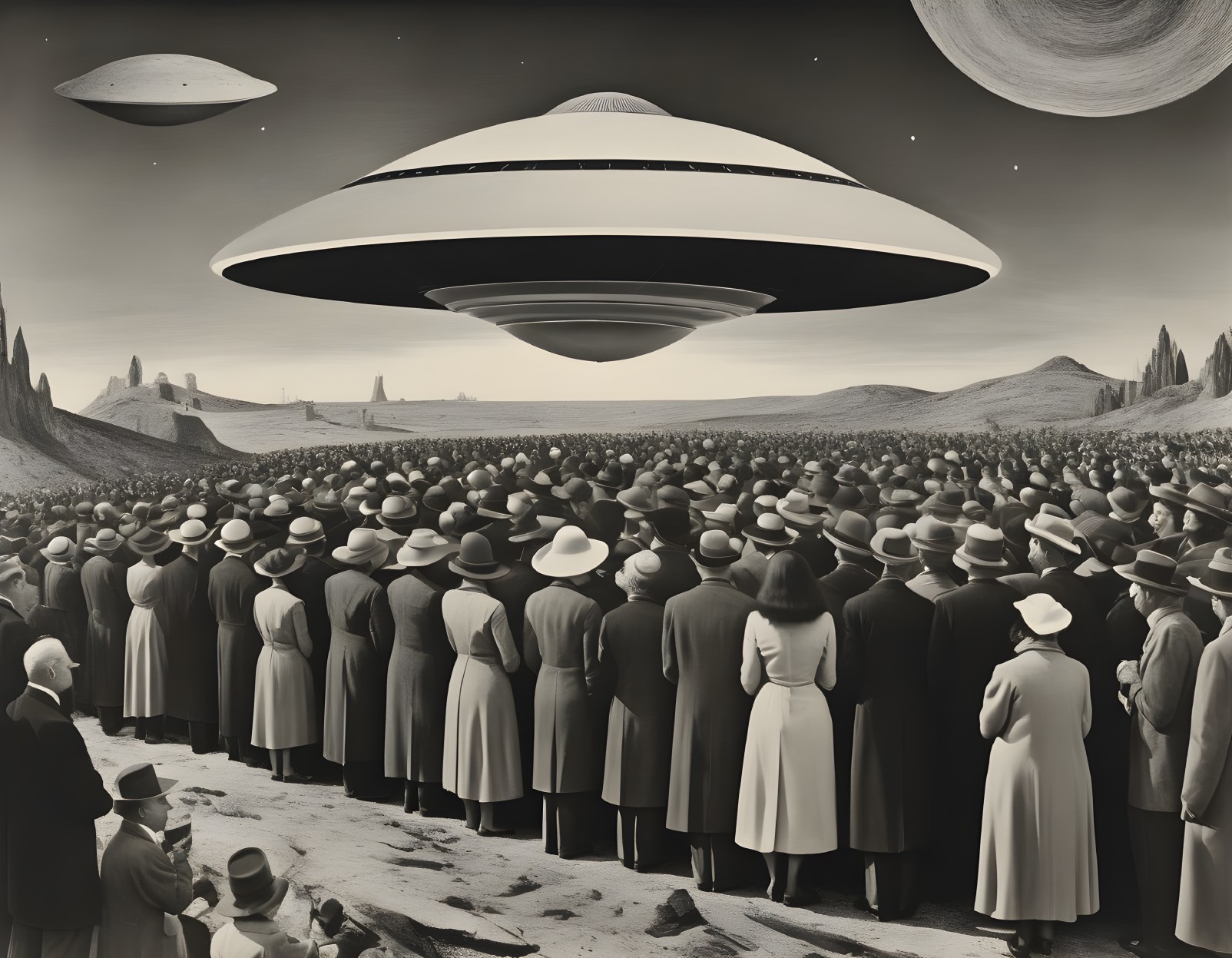 Surreal Black-and-White Scene with Flying Saucer and Crowd