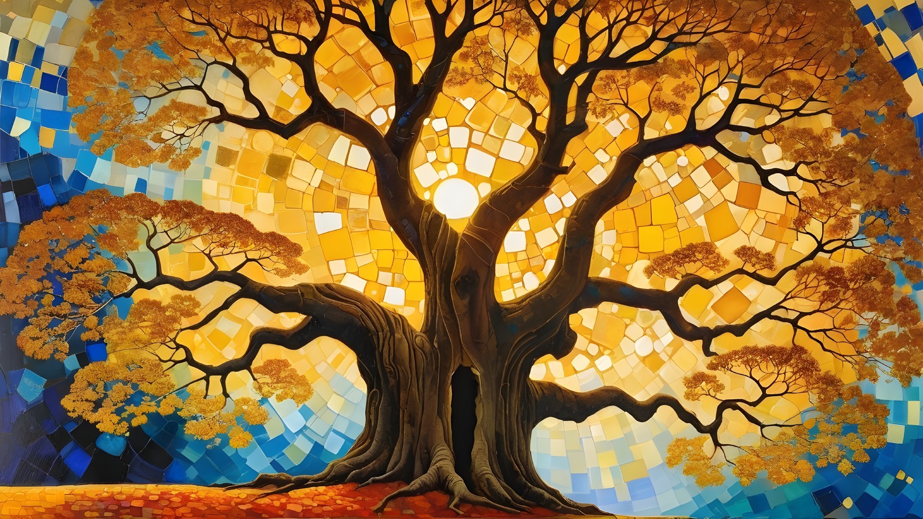 Vibrant Artwork of Autumn Tree Against Abstract Background