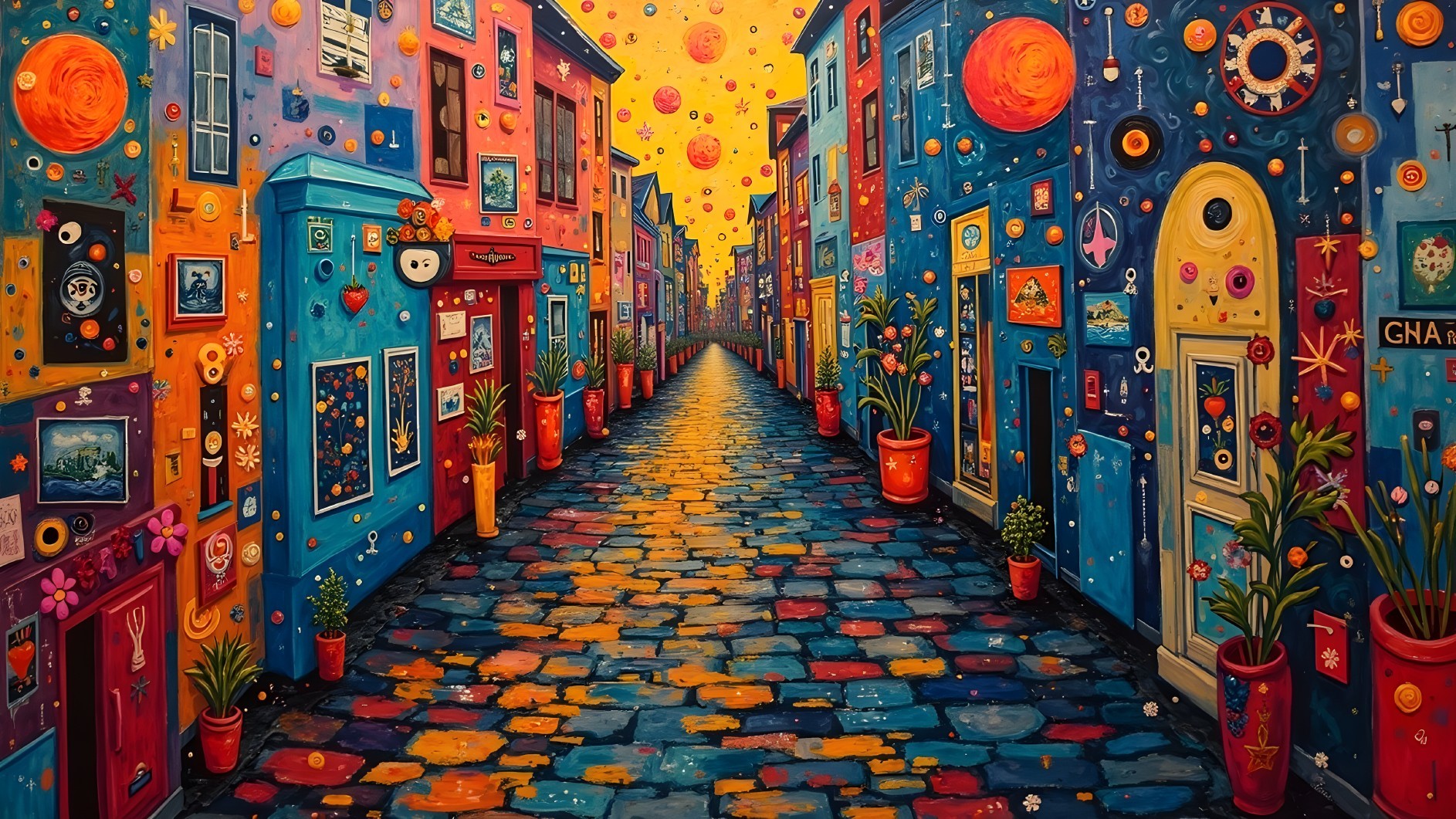 Vibrant Whimsical Street Scene with Colorful Houses