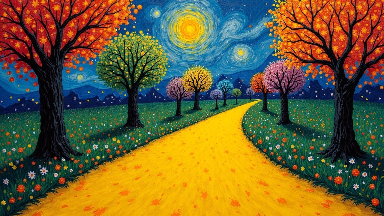 Vibrant Landscape with Winding Yellow Path at Night
