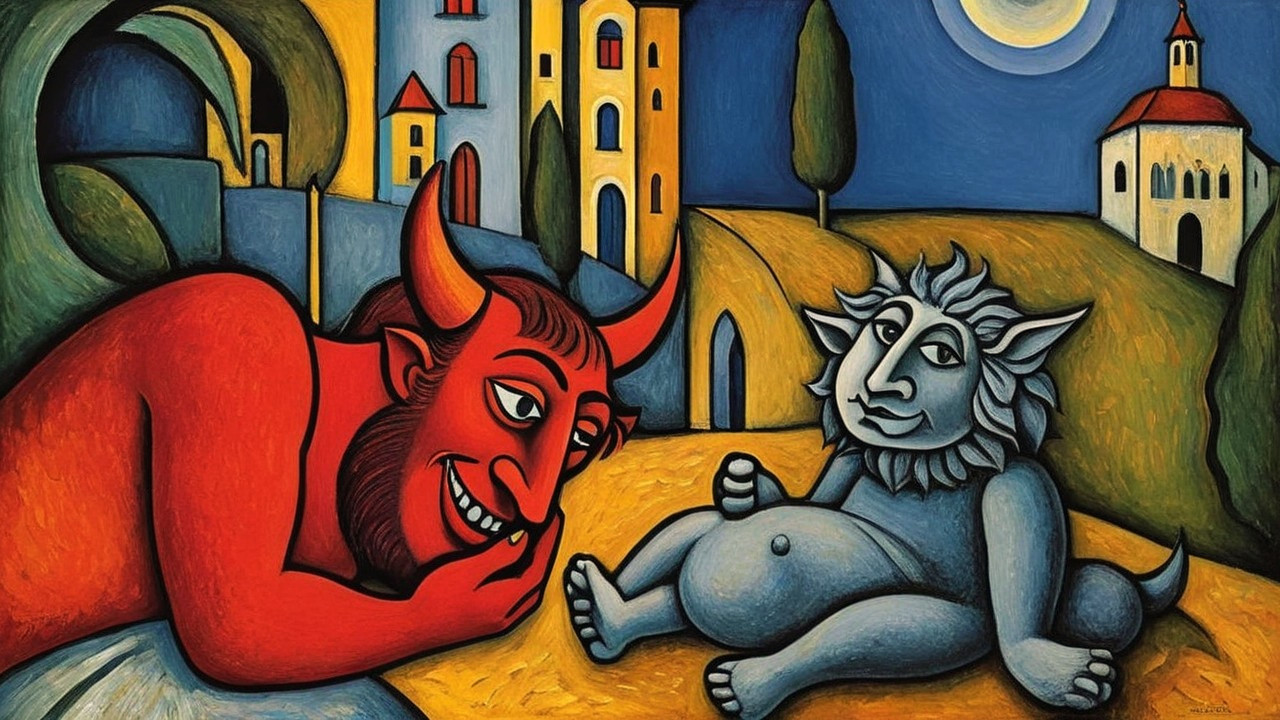 Vibrant Scene with Red Devil and Blue Lion Figures