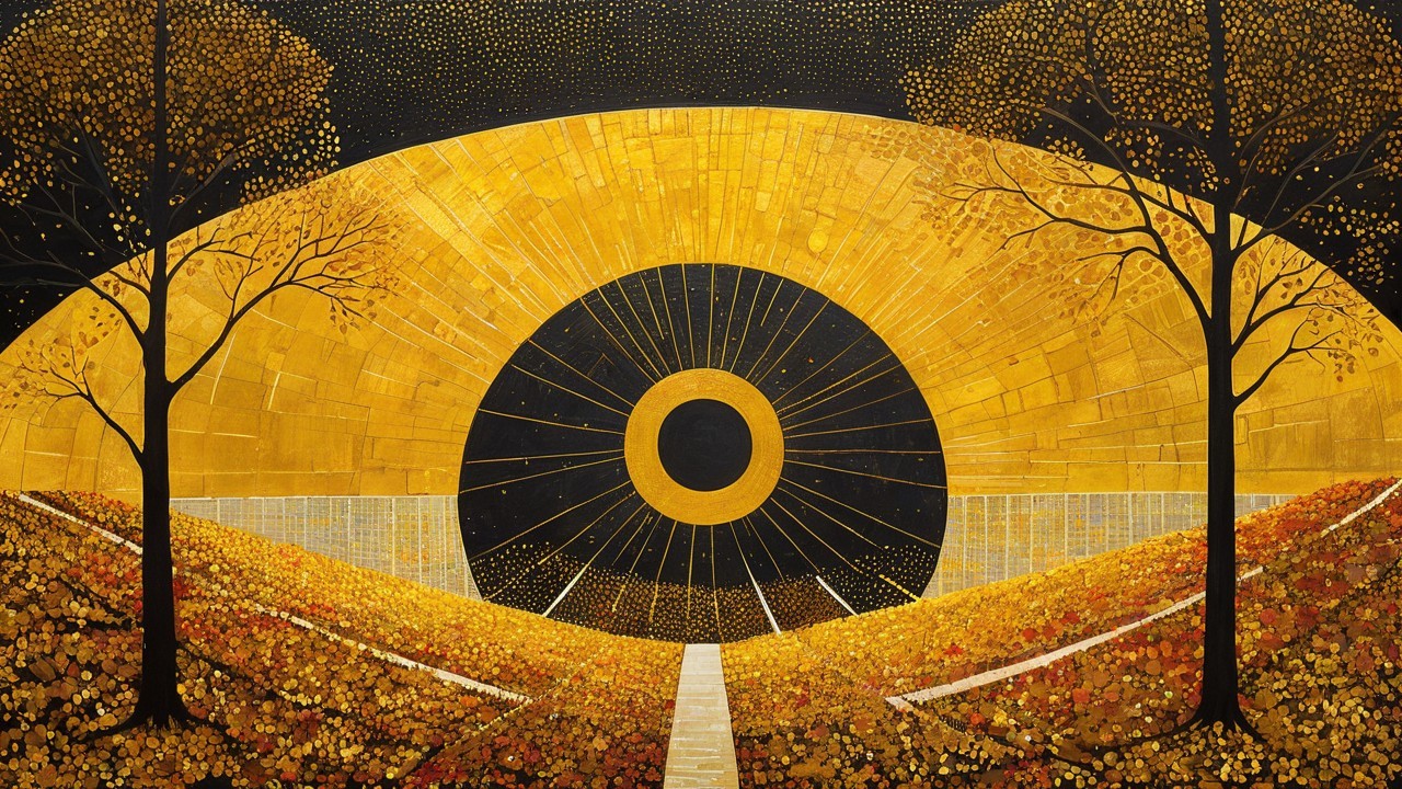Serene Landscape with Black Circle and Golden Rays