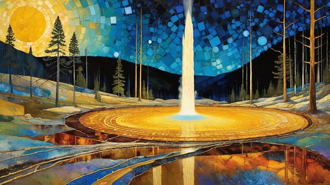 Vibrant Landscape with Waterfall and Geometric Sky