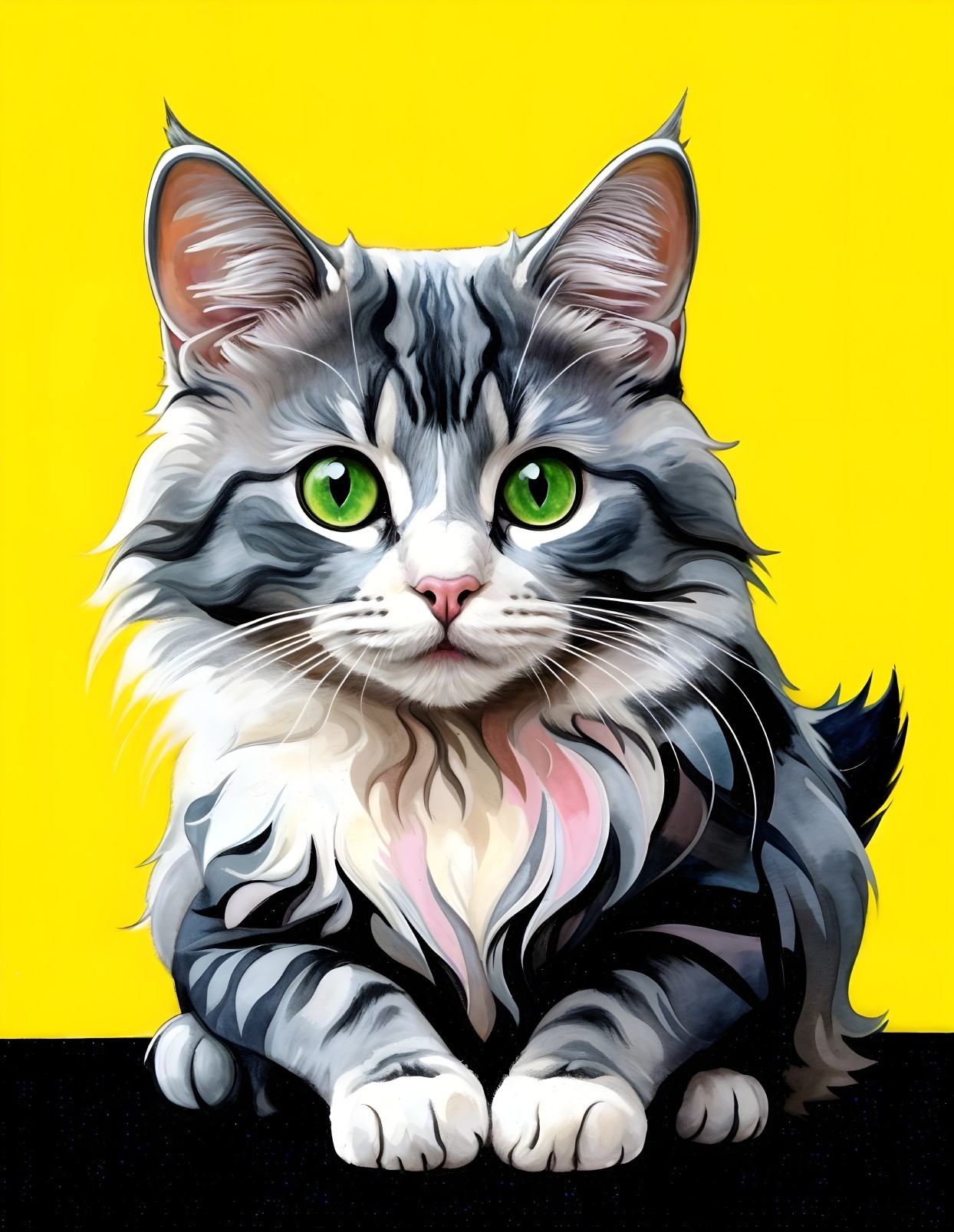 Vibrant Illustration of a Gray Tabby Cat on Yellow Background