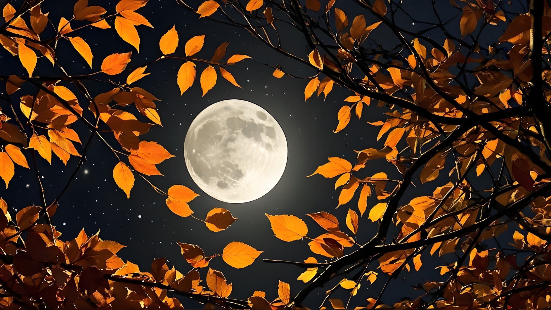 Bright Full Moon Over Autumn Leaves and Starry Sky