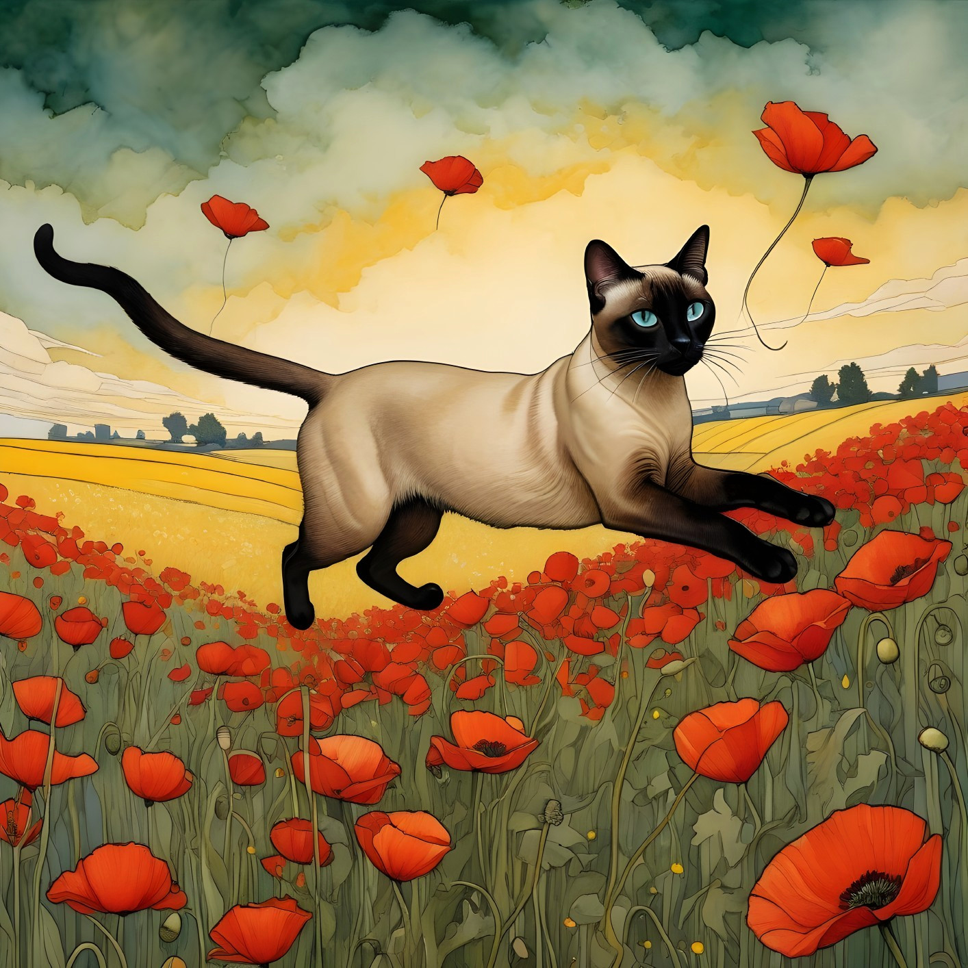Siamese Cat in a Colorful Poppy Field Scene