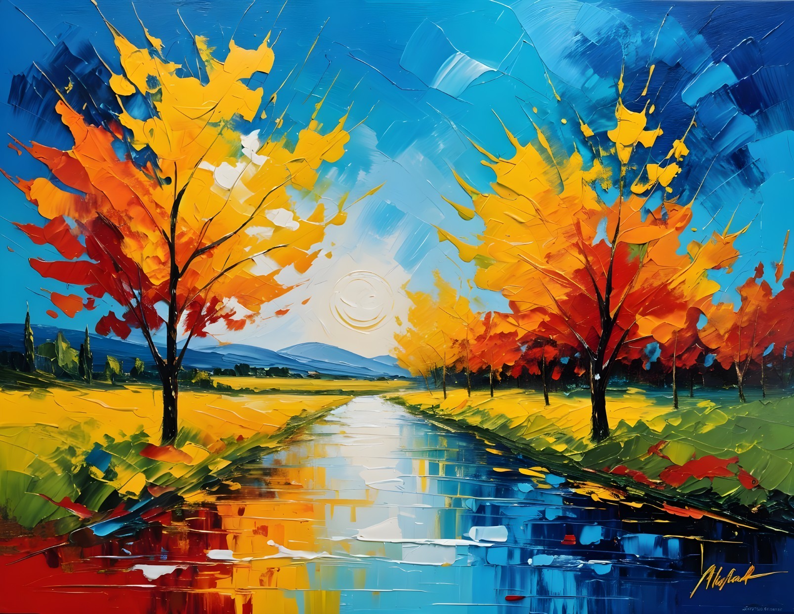 Vibrant Autumn Landscape with River and Colorful Foliage