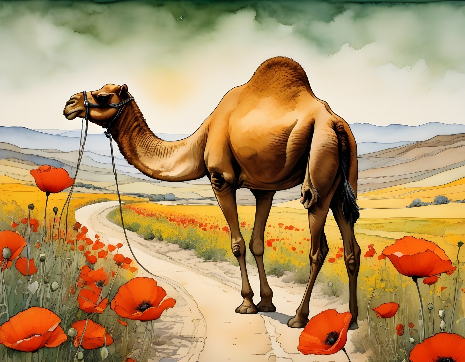 Camel by a road in a poppy field with hills