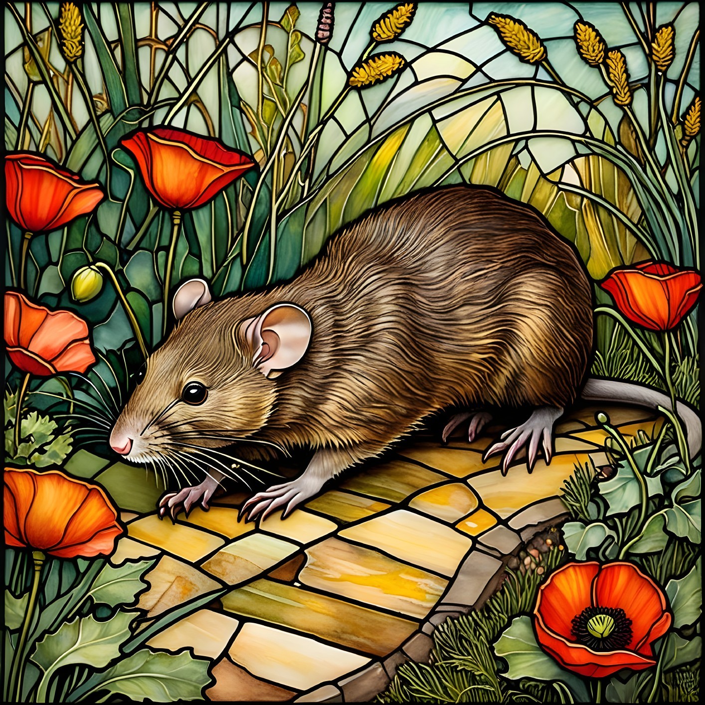 Stained Glass Design Featuring Rat and Poppies
