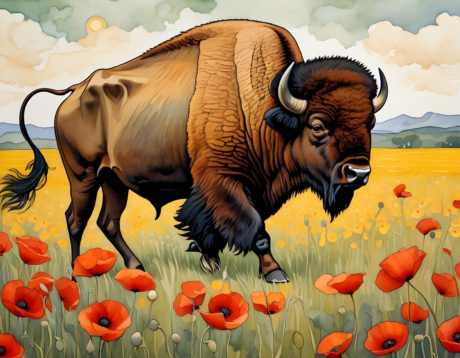 Majestic bison in vibrant field with red poppies