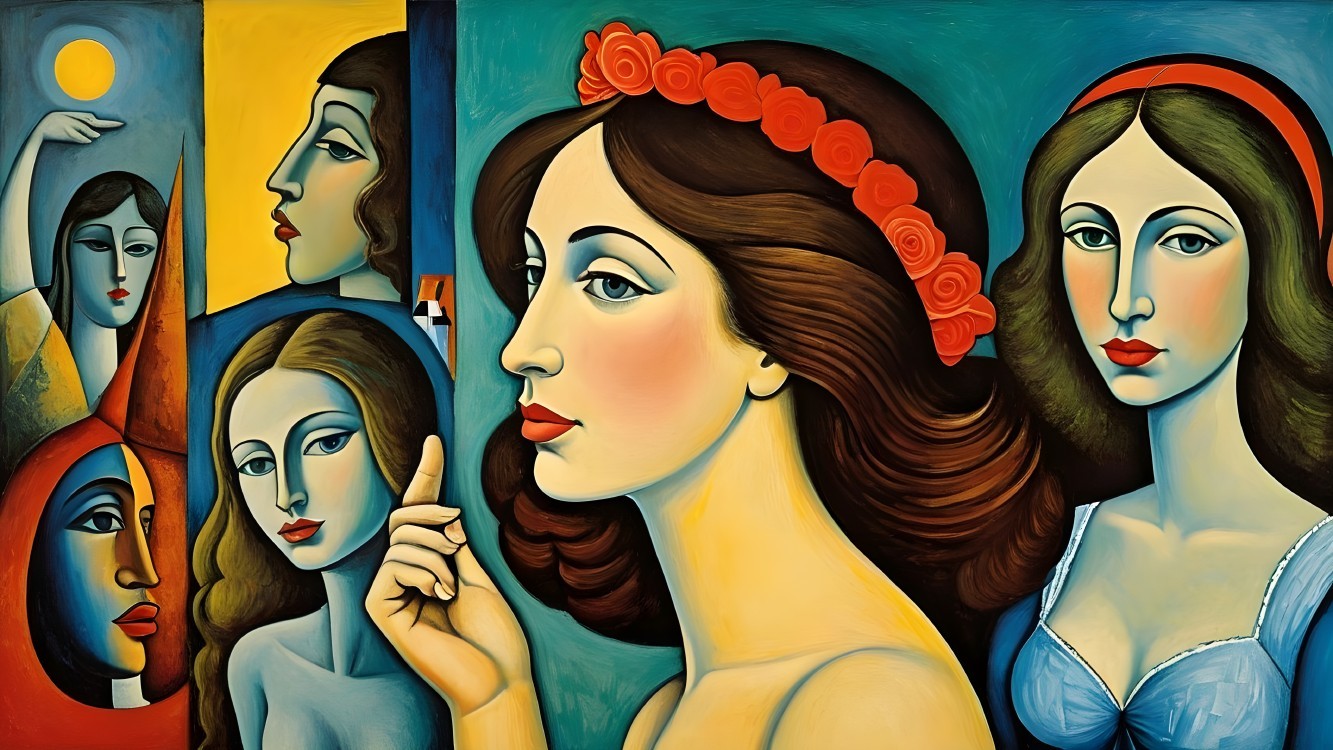 Colorful Artwork with Five Stylized Female Figures