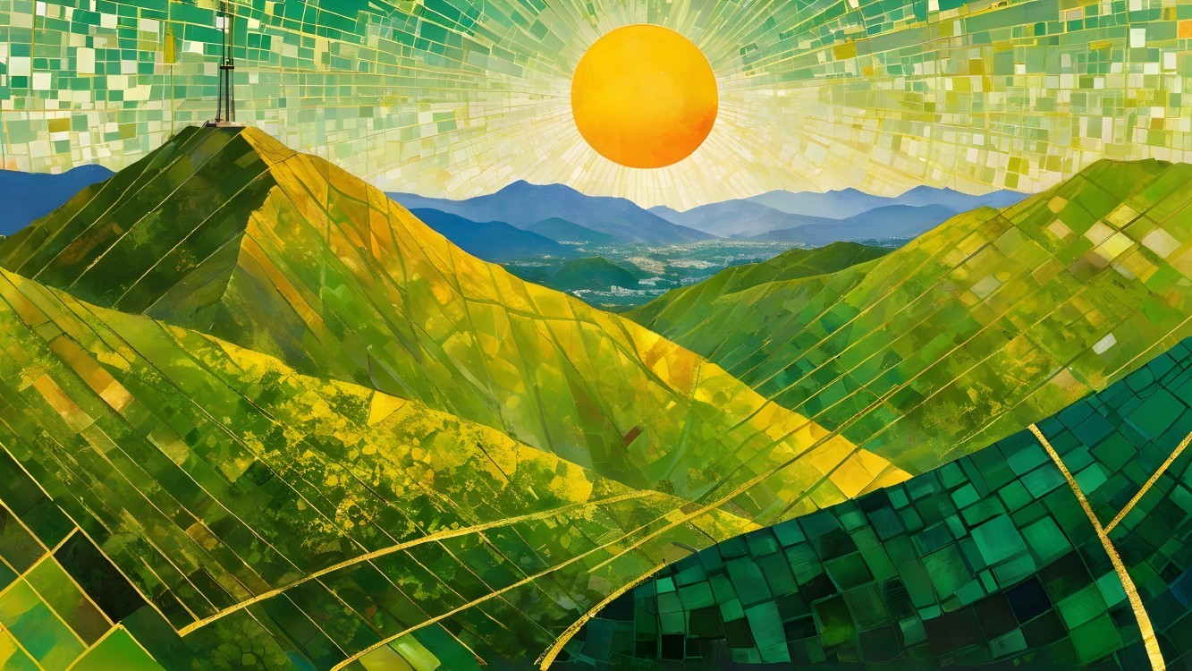 Vibrant Green Hills Under a Radiant Sun with Patterns