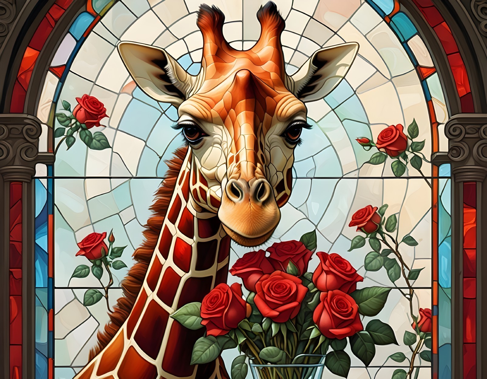 Vibrant Stained Glass Artwork of Giraffe and Roses