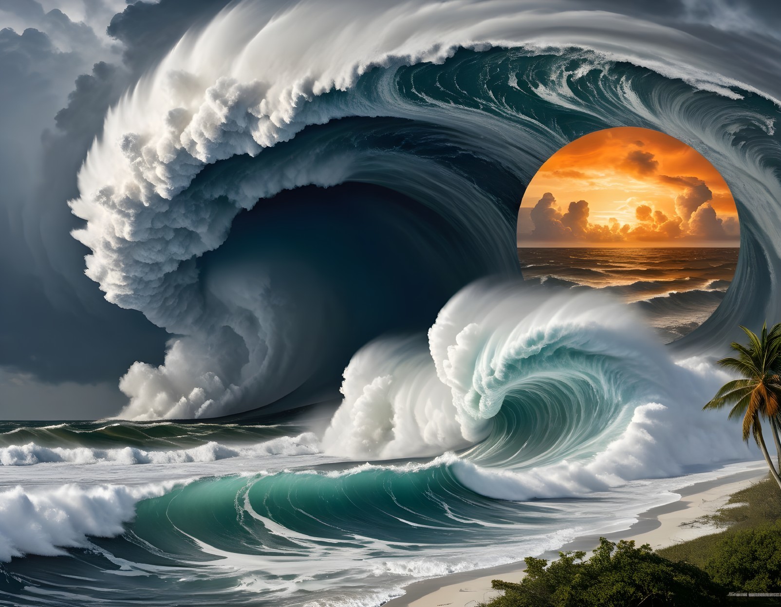 Colossal Waves and Sunset at a Serene Shoreline