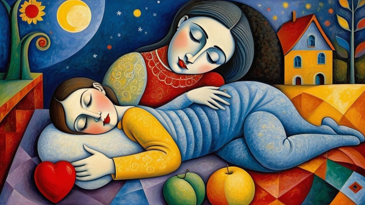 Serene Artwork of Woman with Sleeping Child in Moonlight