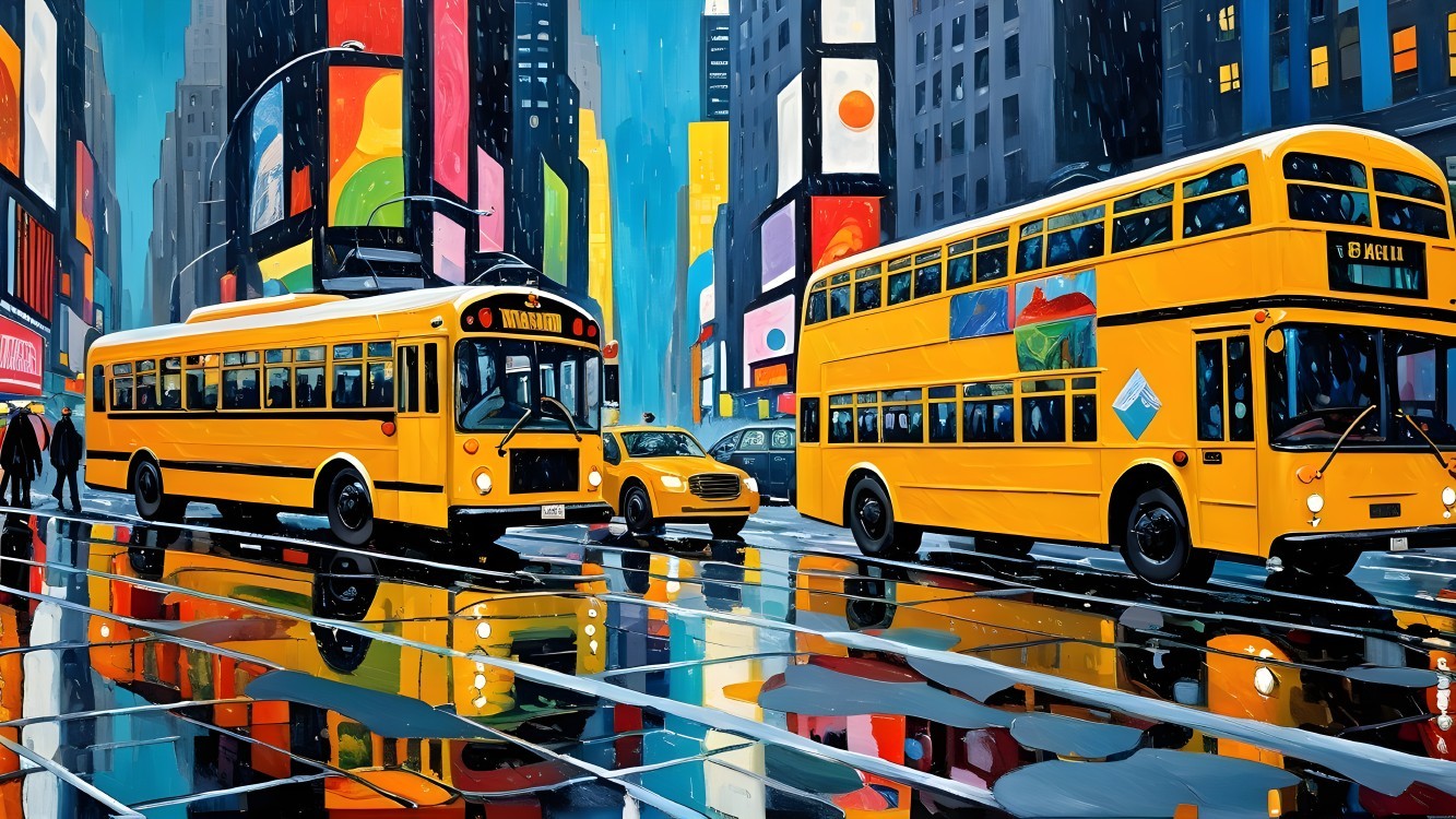 Vibrant Urban Scene of Times Square on Rainy Day