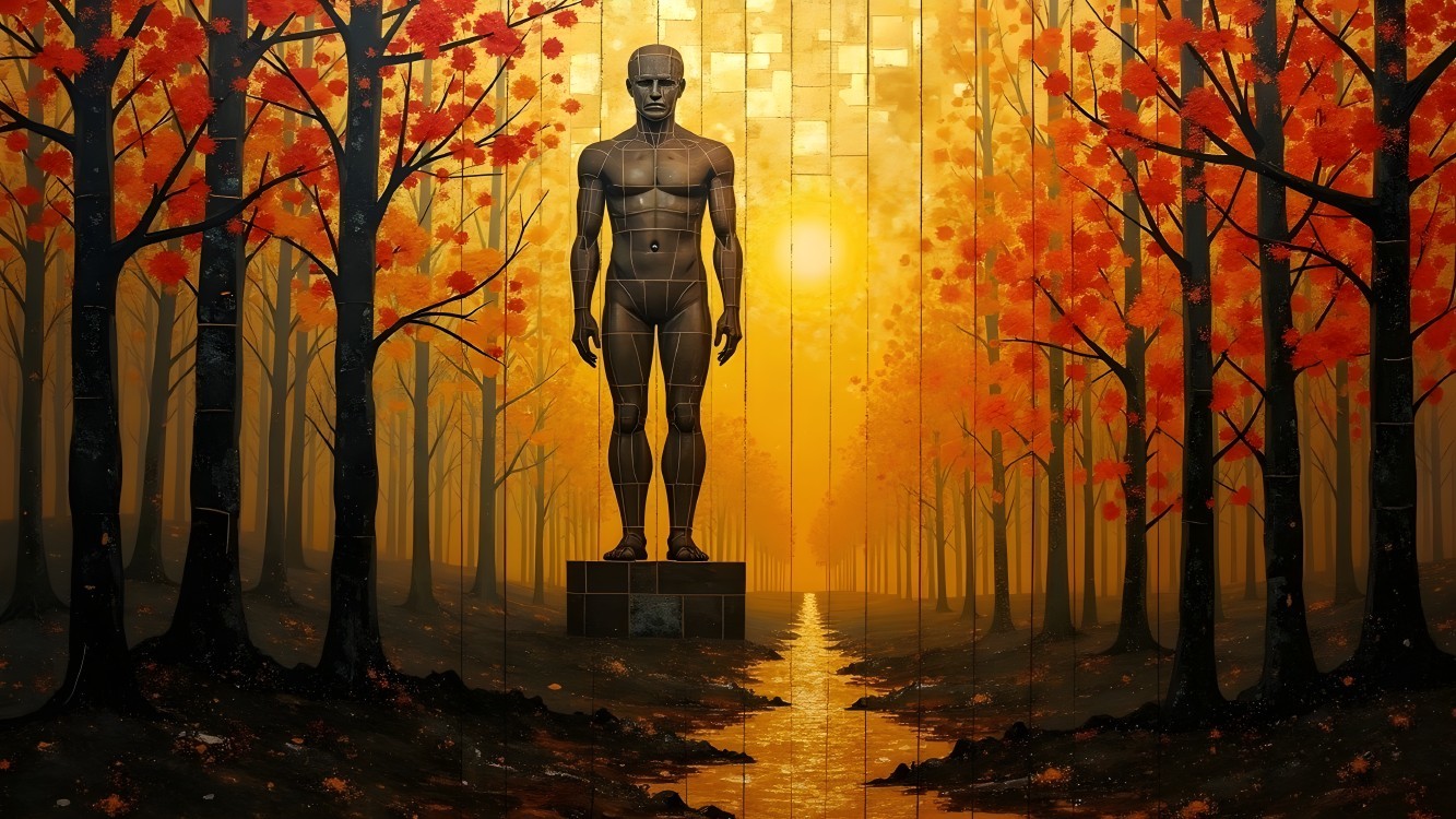 Translucent Figure in Autumn Landscape with River