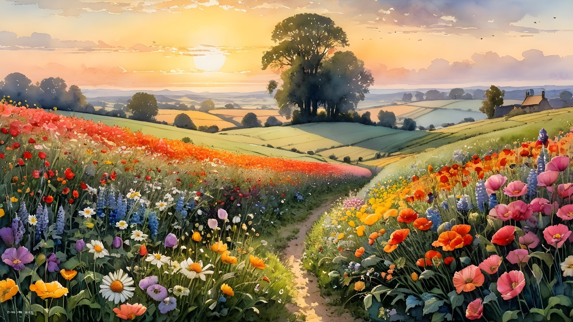Vibrant Sunset Landscape with Wildflowers and Hills