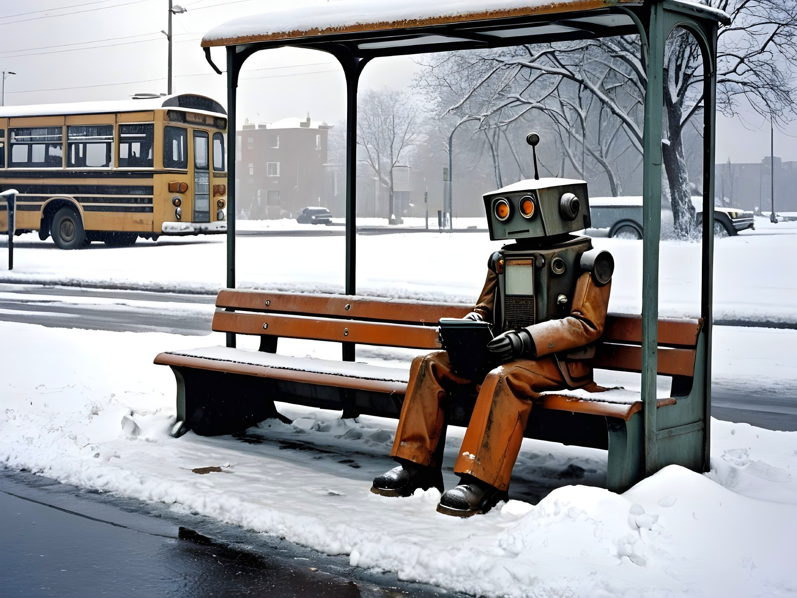 Quirky Robot on Snowy Bus Bench in Urban Scene