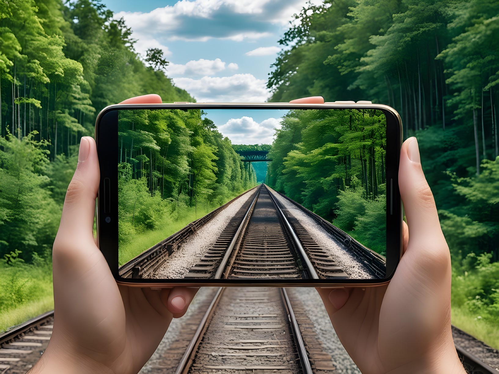 Smartphone Capturing Scenic Railway Tracks and Nature