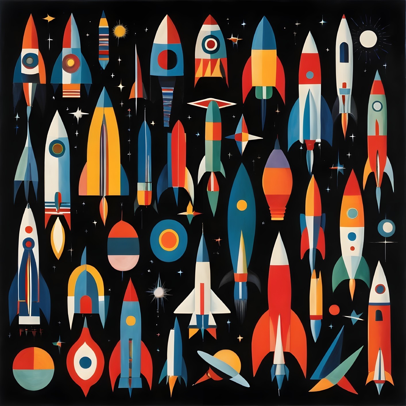 Vibrant Stylized Rockets in Whimsical Space Scene