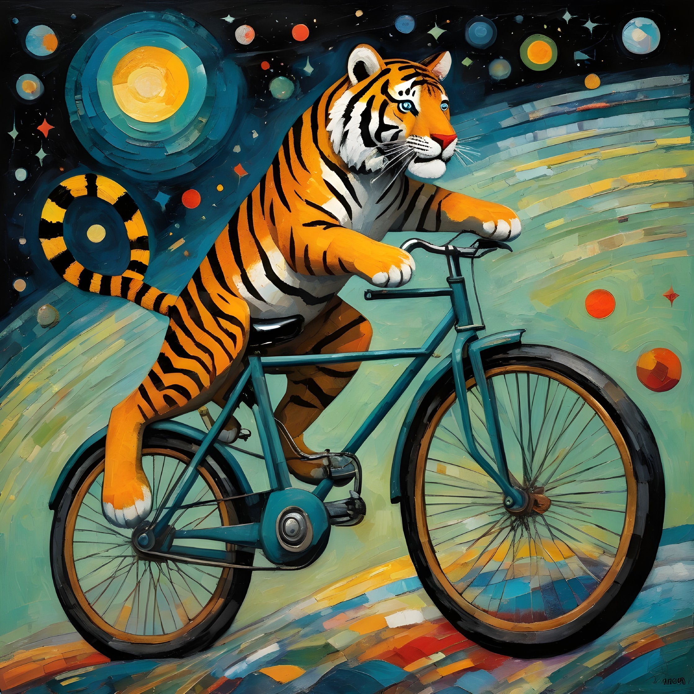 Surreal Scene of Tiger Riding Bicycle in Cosmic Landscape