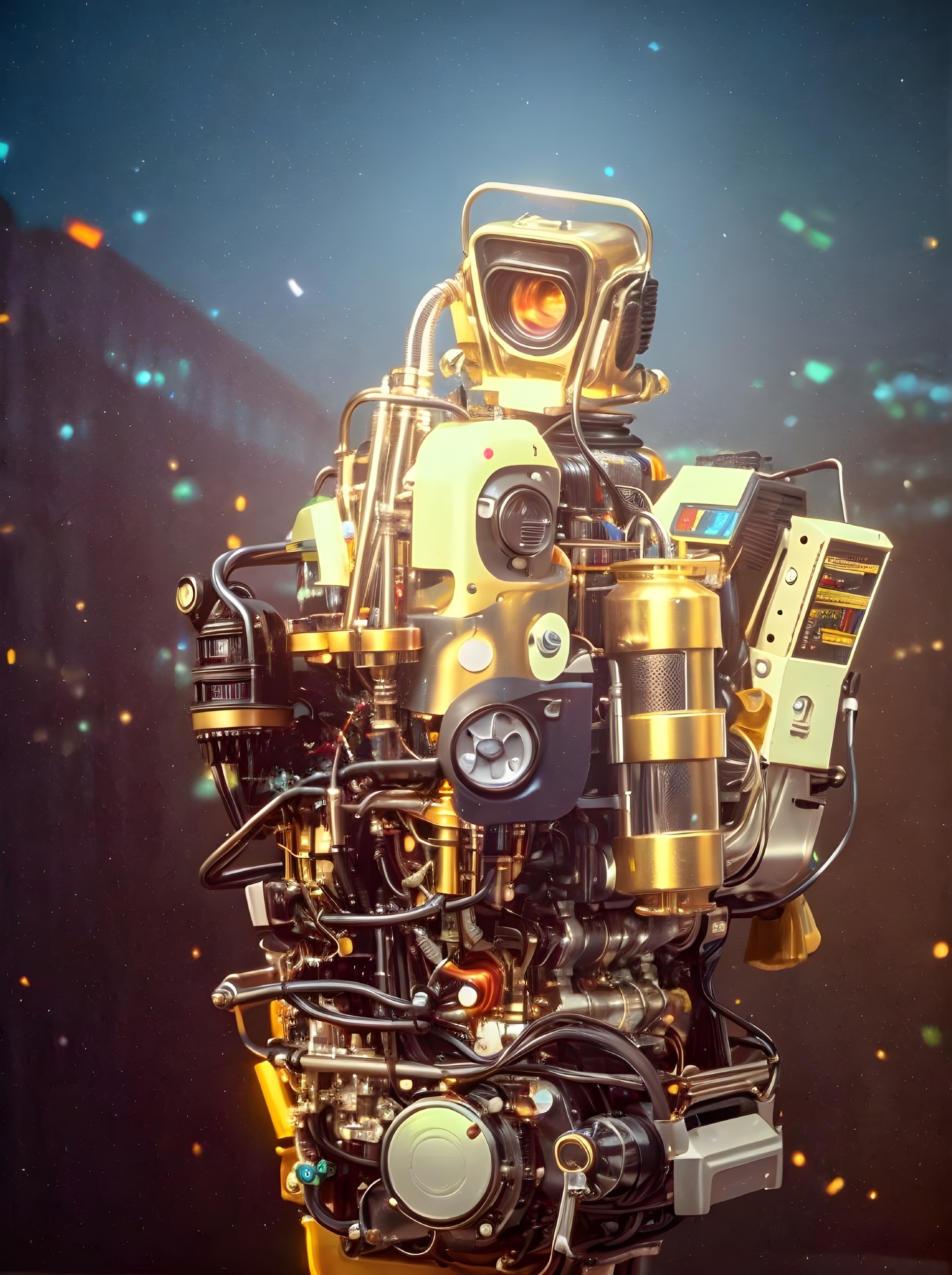 Futuristic humanoid robot with gold and metallic design