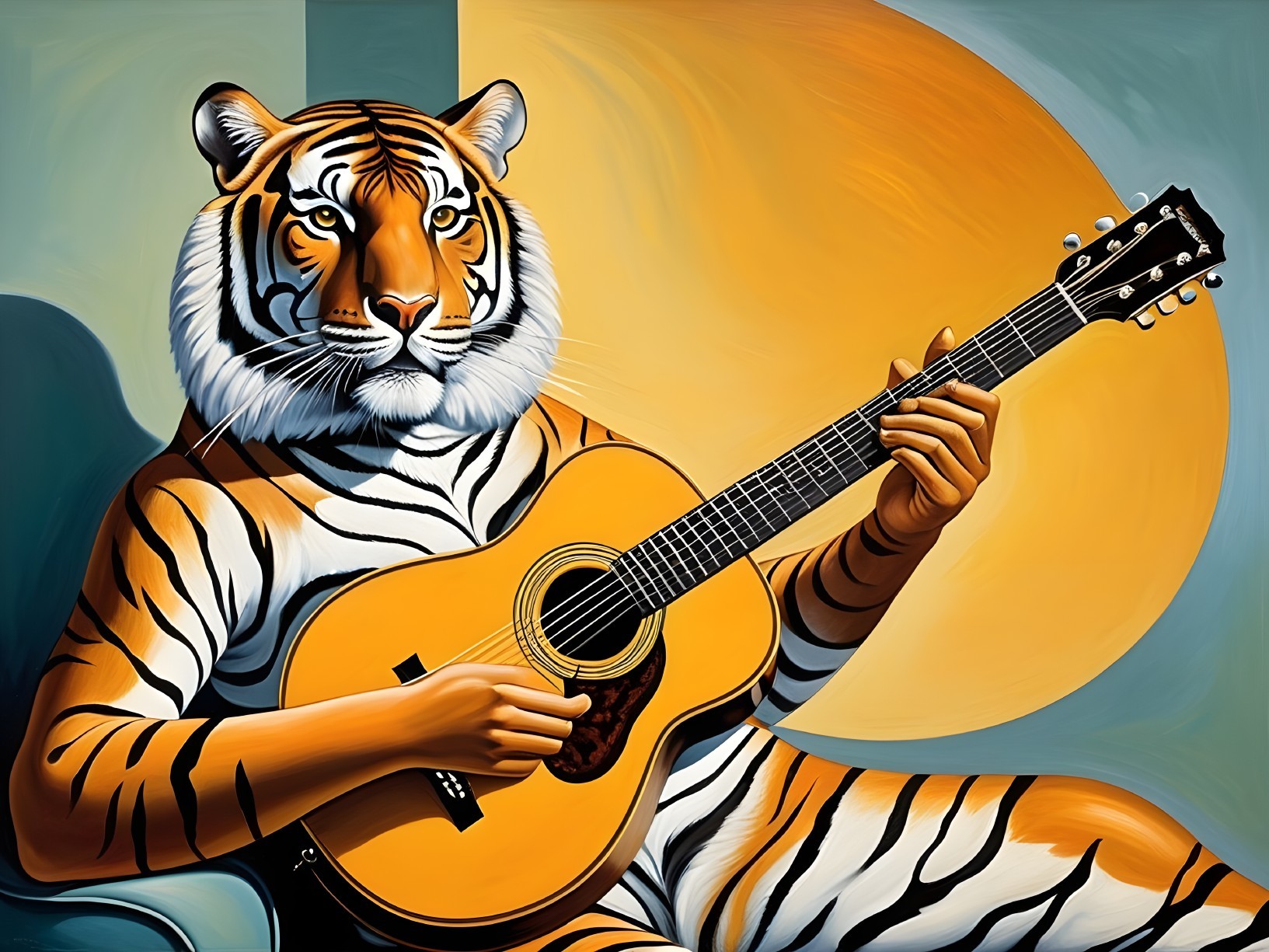 Whimsical Tiger Illustration with Acoustic Guitar