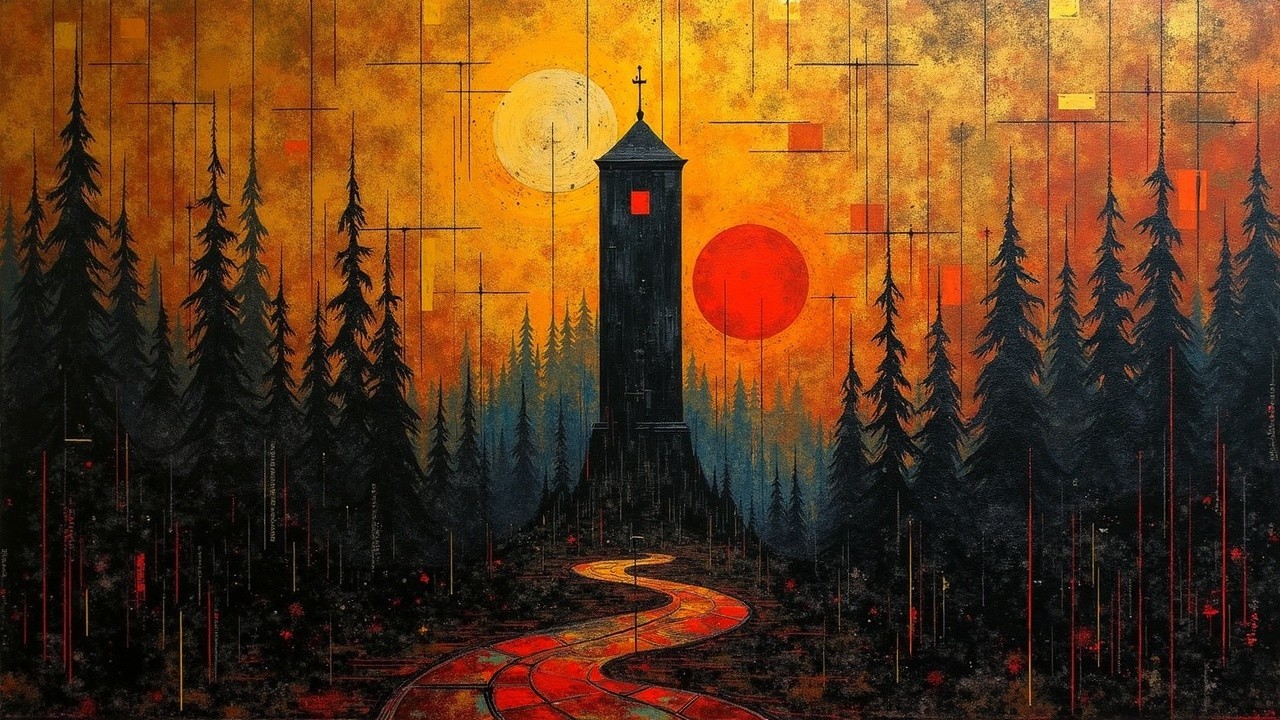 Tall Tower in Forest Under Orange Sky with Two Suns