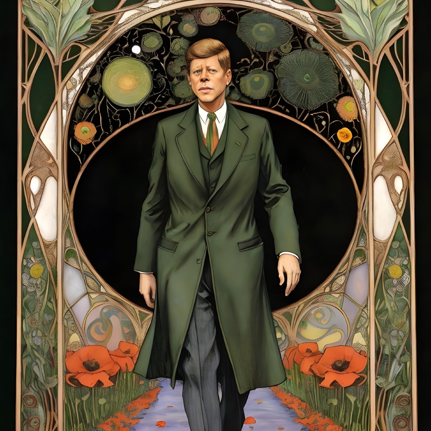 Stylized Figure in Green Coat by Ornate Archway