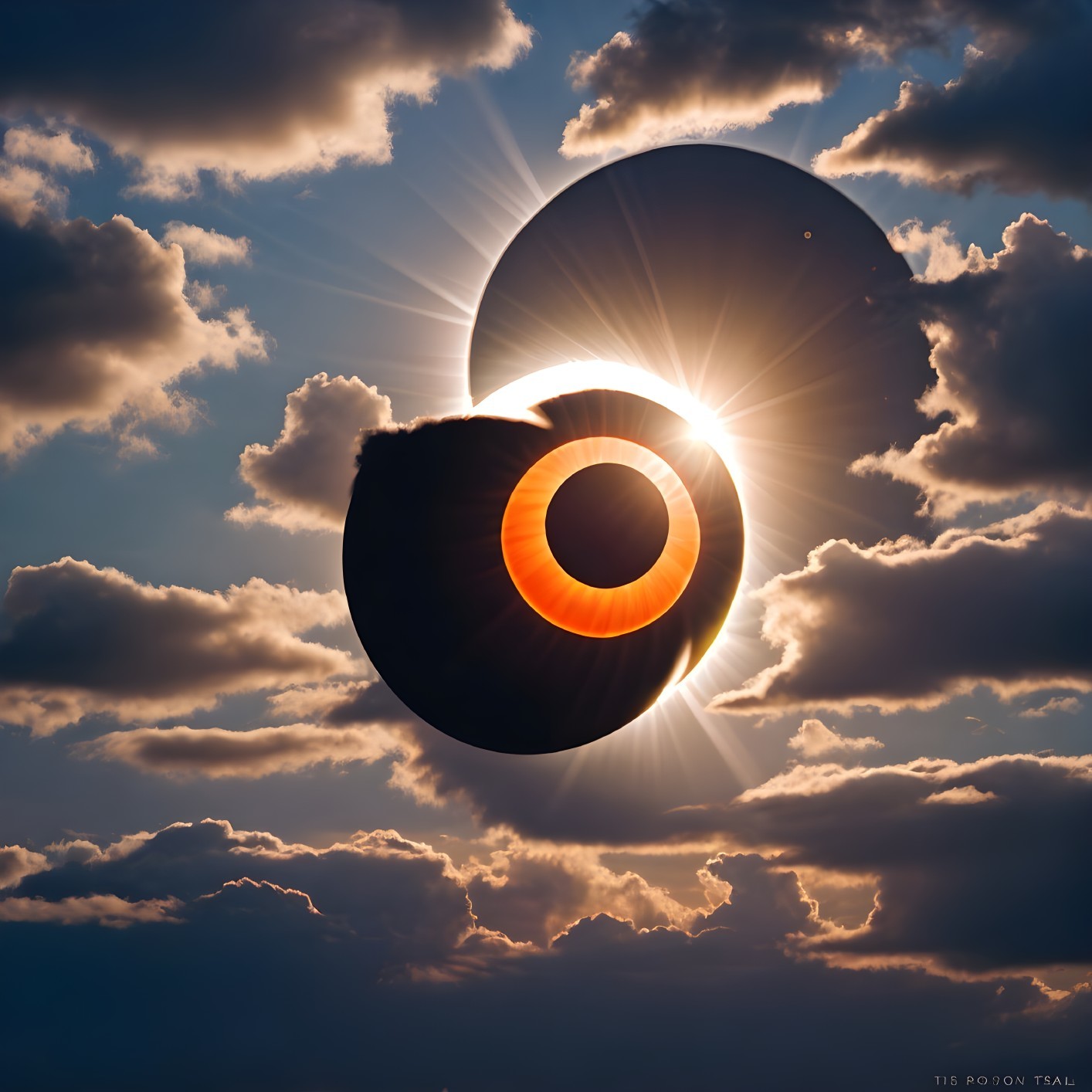 Solar Eclipse with Clouds and Vibrant Orange Corona