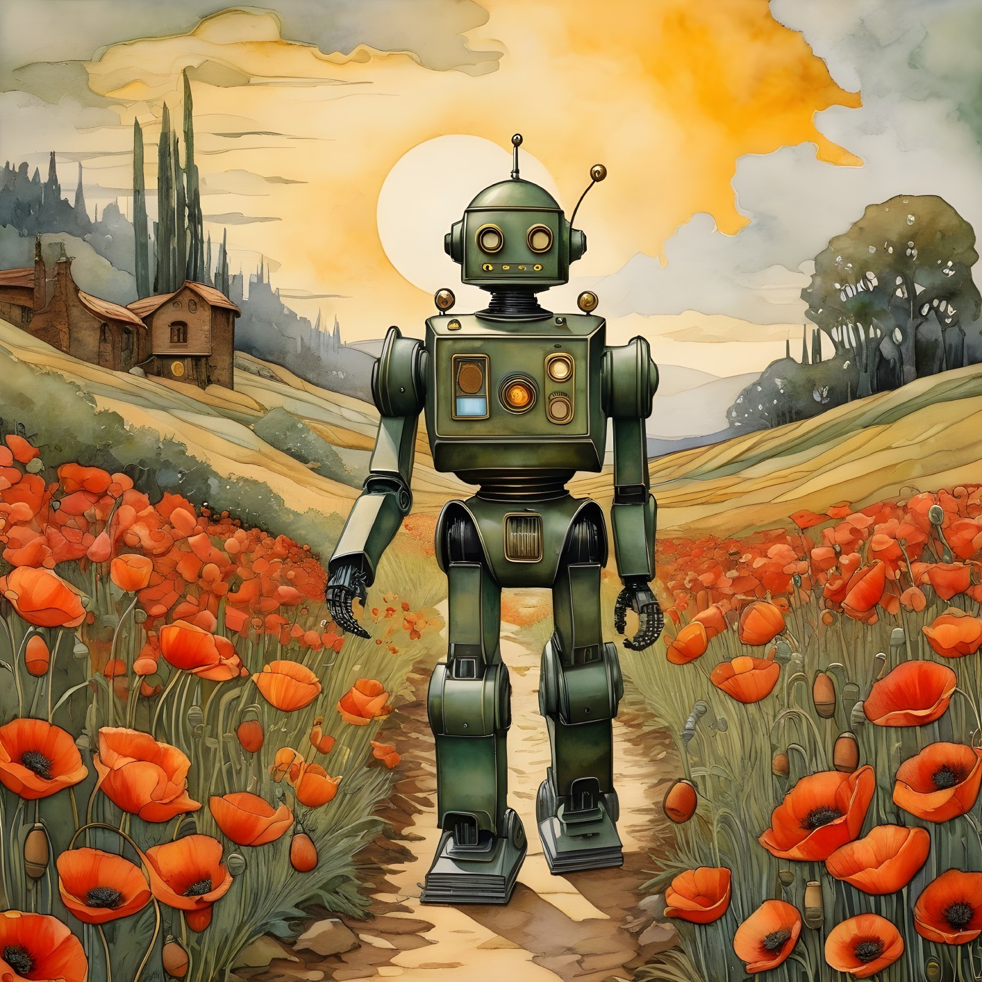 Vintage Robot in a Vibrant Poppy Field at Sunset