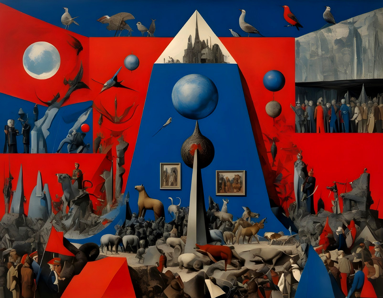 Surreal Scene with Animals and Human Figures in Colorful Landscape