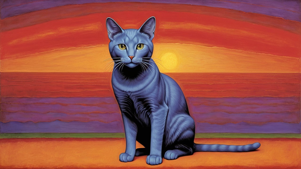 Large Blue Cat Against Vibrant Sunset Background