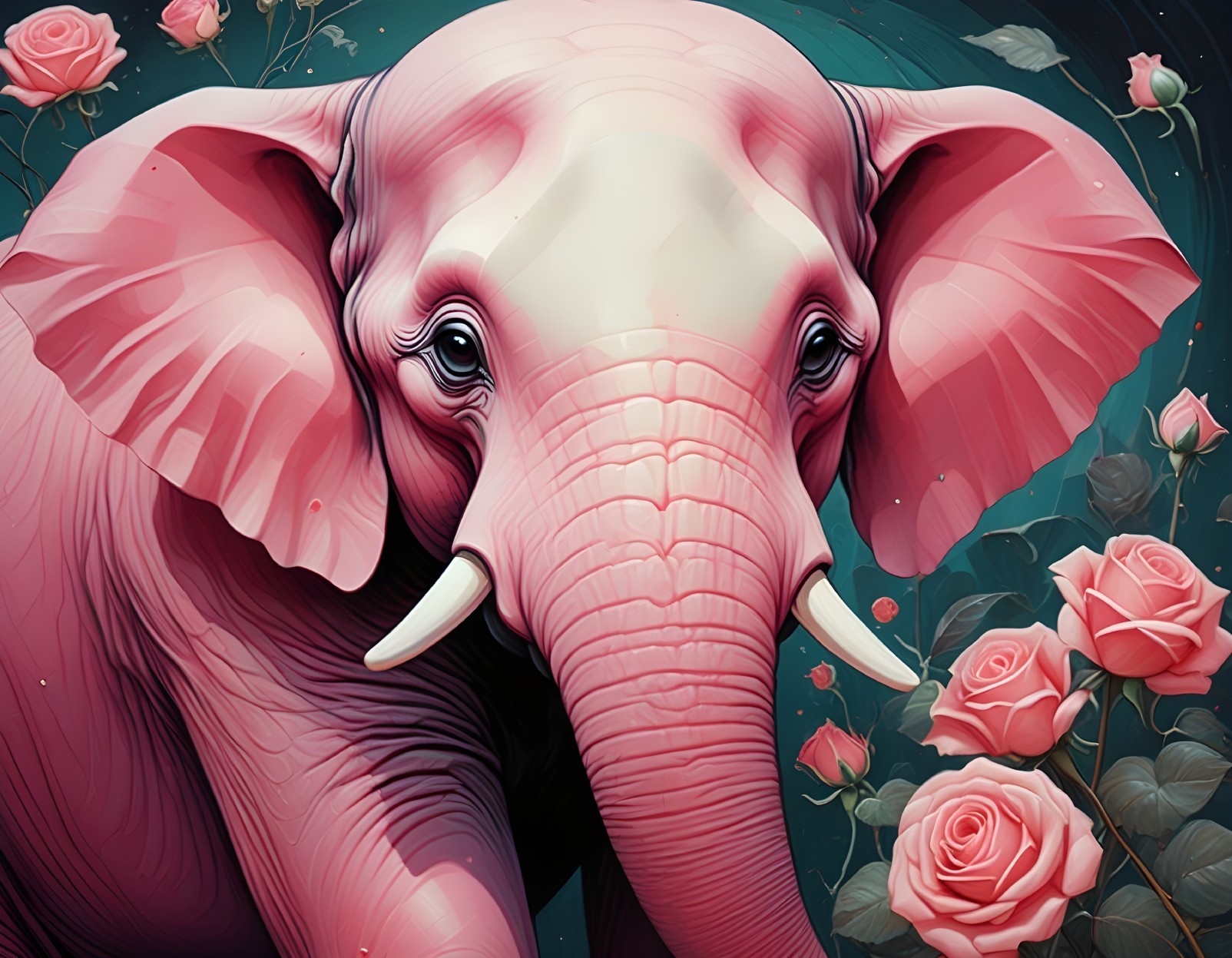 Stylized Pink Elephant Surrounded by Blooming Roses