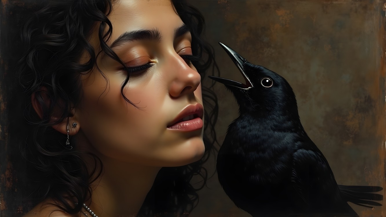 Close-Up Portrait of Woman with Raven and Warm Tones