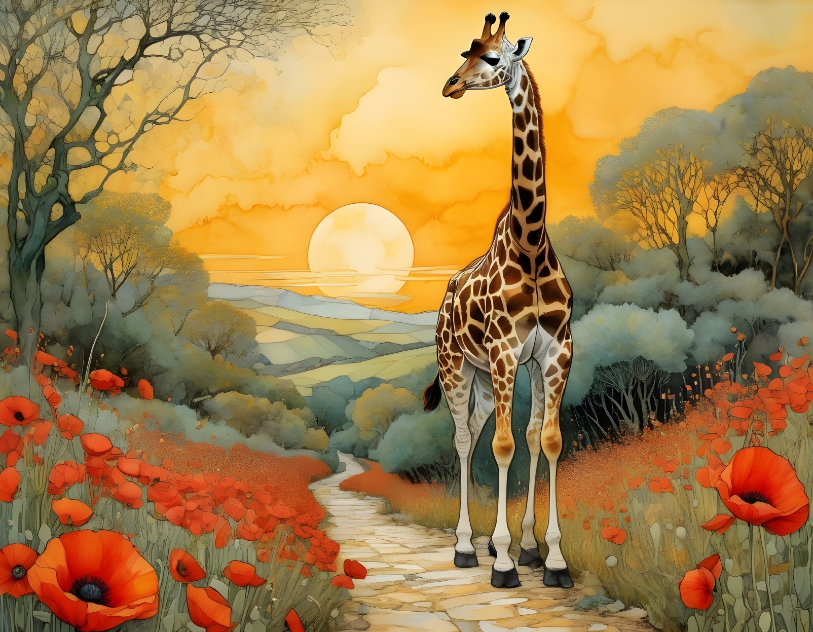 Giraffe in Poppy Field with Sunset and Hills