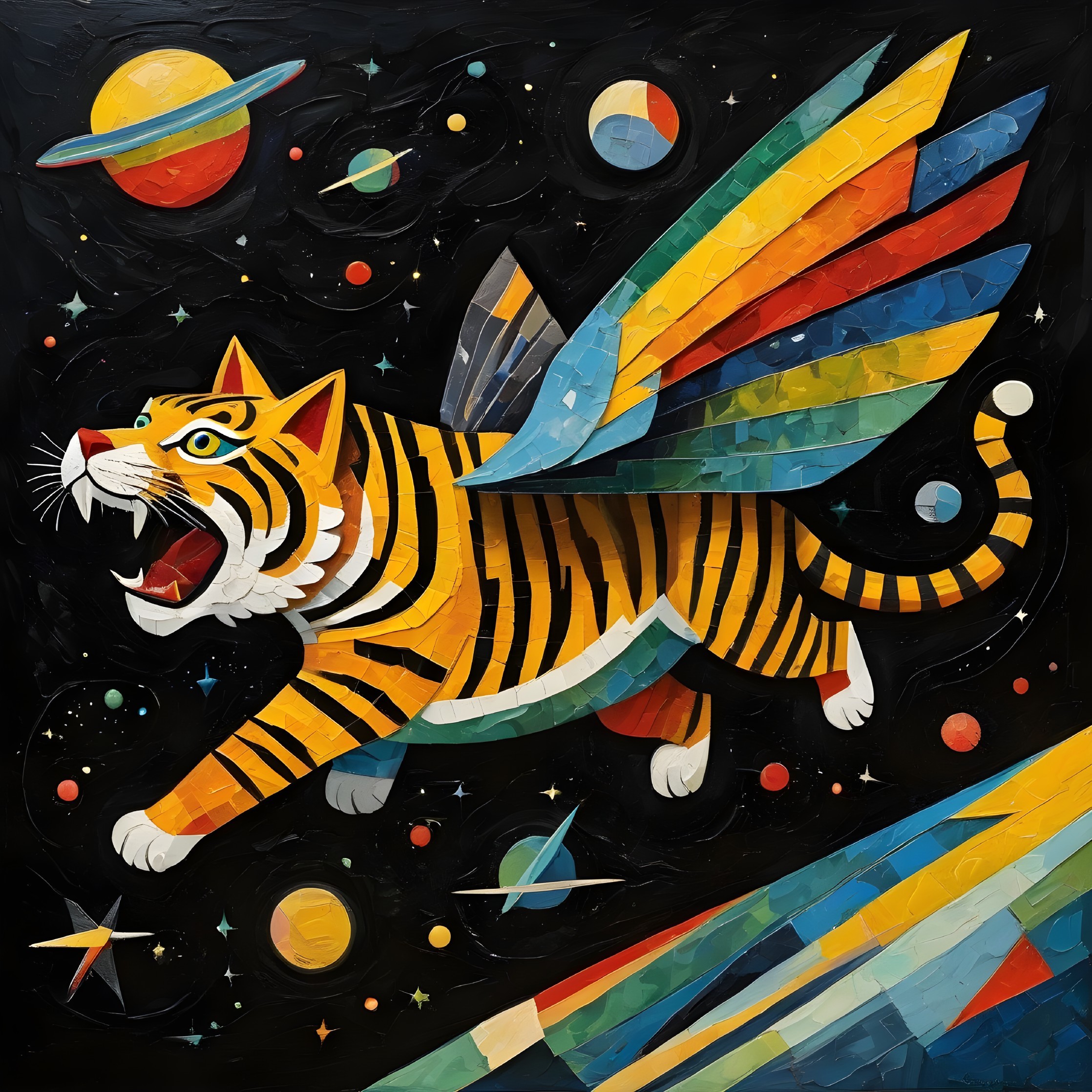 Colorful Winged Tiger in Cosmic Scene with Planets