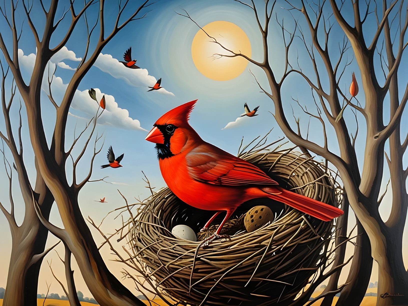 Red Cardinal in Nest with Eggs and Scenic Landscape