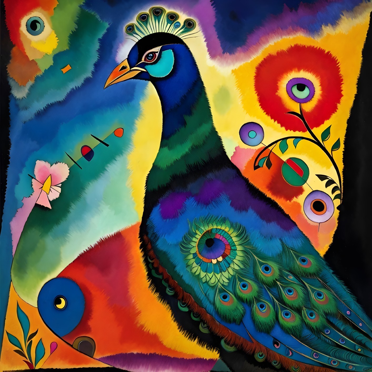 Abstract Peacock Painting with Bold Colors and Patterns